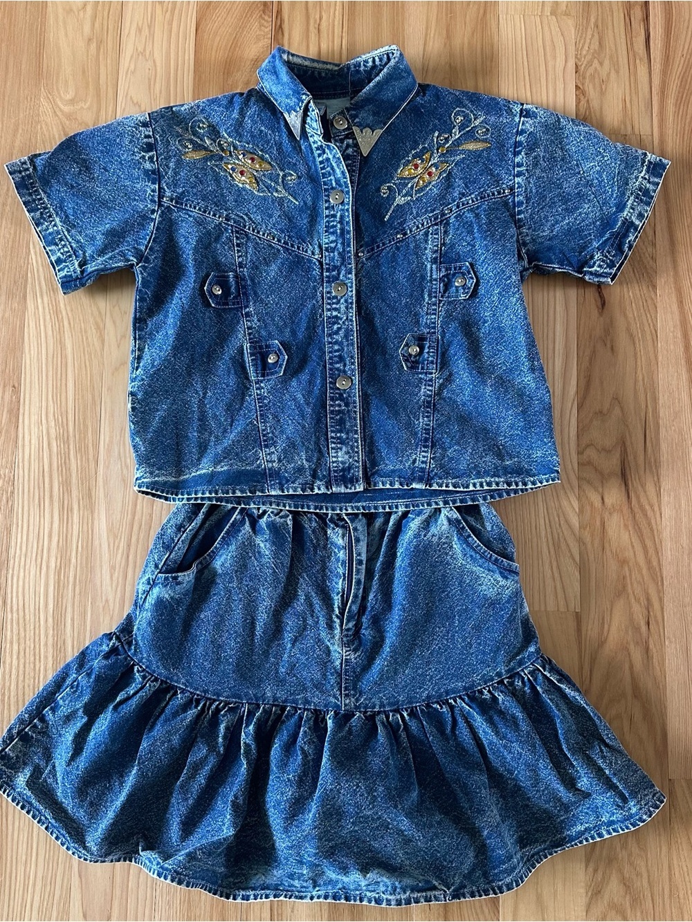 Vtg 80s 90s Pop Kids Denim 2 Pc Set Acid Wash Ruffle Skirt Butterfly Western 12